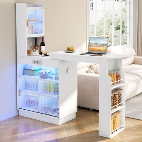 Table de bar extensible blanche avec rangement, buffet à portes vitrées, éclairage LED pilotable par app, prise électrique USB et USB-C, dimensions 131–170 ×40 ×170 cm (1/5)
