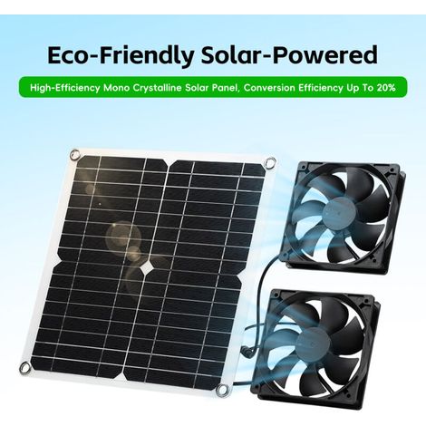 Solar-powered outdoor fan kit with dual 12W motors for RV, greenhouse, pet house, resilient and waterproof, 3000 RPM, 14 cm, camping