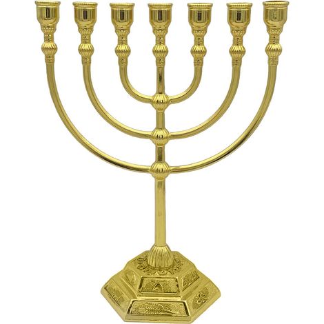 Eosnow Bougeoir menorah à 7 branches Temple de Jérusalem 12 tribus d'Israël 6,69 pouces de hauteur Support Hanukkah antique pour décoration de fête de vacances juive Or 17x13,5 cm