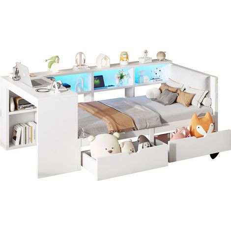 Lit enfant 90x200cm - avec 2 tiroirs et station de charge - avec lumières LED colorées - blanc (sans matelas) (1/5)