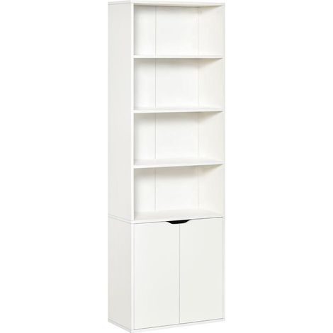 Bibliothèque blanche 4 compartiments et 2 portes pour salon ou bureau, 59x29x180 cm, design vertical gain place