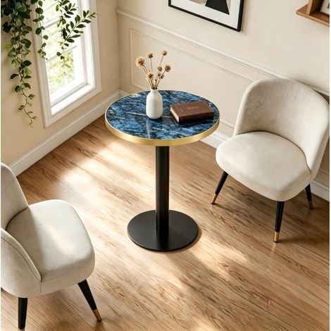 Moderner runder Beistelltisch aus MDF in blauem Marmorlook mit Goldrand und Metallgestell (1/5)