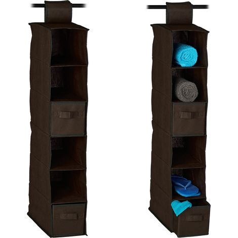 Set of 2 Relaxdays Fabric Hanging Shelves, 6 Compartments with 2 Drawers, Foldable, Size: 82 x 14.5 x 30 cm, Brown