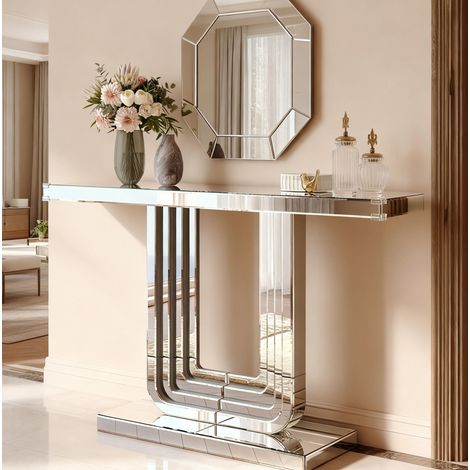 Mesa consola con espejo 120 cm plateada de MDF y vidrio OKWISH (1/5)