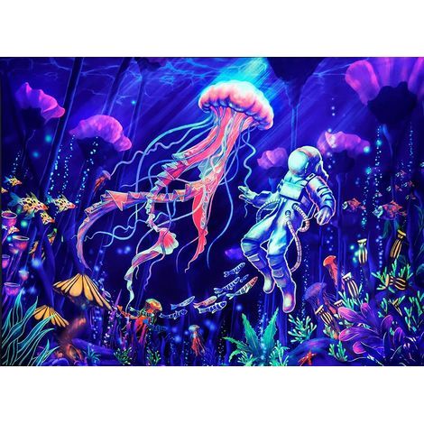 Fluorescent astronaut tapestry with cosmic motifs, perfect for original wall decoration (1/5)