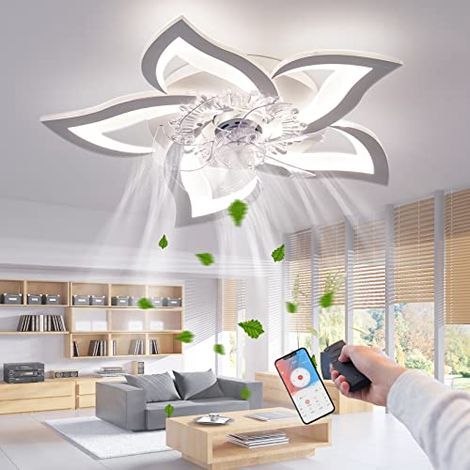 Moderner Deckenventilator mit Blumenmuster, dimmbarer LED-Ventilator mit Fernbedienung/App-Steuerung, Timer, Weiß (1/5)