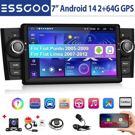 Autoradio pour Fiat Linea 2007-2011 Punto 2005-2009, 7'' Android 14 2G+64G avec CarPlay sans Fil/Android Auto GPS Navi Bluetooth WLAN FM RDS - 2+64G DAB+ CAM (1/5)