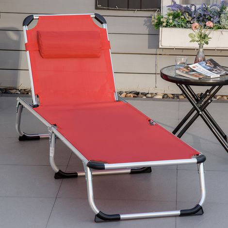 Transat pliable, chaise longue de jardin avec appui-tête, chaise longue avec dossier réglable 4 positions, chaise longue de camping, charge maximale 120 kg, pour parcs et jardins, rouge