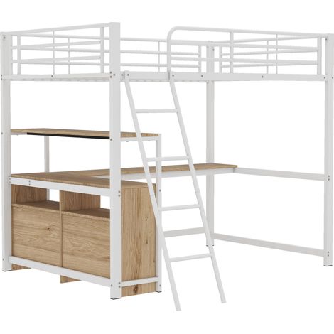 Hochbett 140 x 200 cm aus Metall und MDF, weiß, mit L-Schreibtisch und Schubladen (1/5)