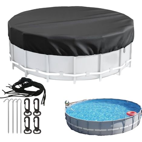 Parasol de piscine extérieur noir de 457 cm – Couverture de piscine ronde – avec cordes coupe-vent et piquets de sol (1/5)