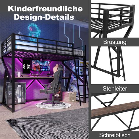 Lit mezzanine fer 90x200 cm avec échelle, rampe de sécurité, bureau intégré, ruban LED, sans matelas, noir (1/5)
