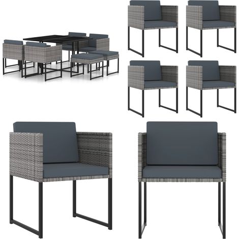 Set Pranzo da Giardino 9 pz con Cuscini in Polyrattan Grigio - Tavolo da pranzo da giardino - Sedie da giardino