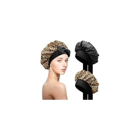 Cuffia da notte in raso SOMLAW, nera + stampa leopardata, regolabile, multifunzionale, protezione dei capelli, taglia unica, per donne, estate (1/5)
