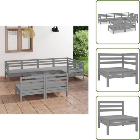 8-tlg. Garten-Lounge-Set Massivholz Kiefer Grau - Outdoor Lounge Set - Gartenmöbel - Rattan Möbel - Kiefernholzmöbel - Balkonmöbel