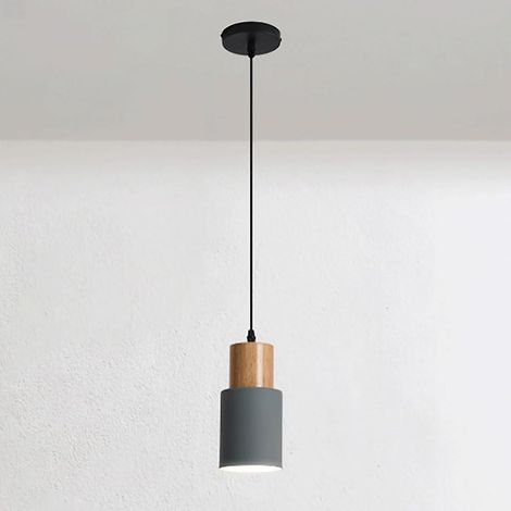 Mini lampe de chevet suspendue, suspension en bois avec abat-jour cylindrique, suspension tubulaire en métal, douille E27 - Gris (1/4)