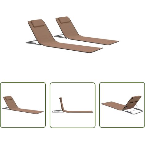 Tapis de plage - vidaXL Tapis de plage pliables 2 pcs Acier et tissu marron - Chaise longue avec dossier (1/5)