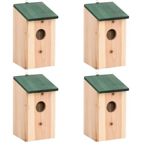 Nichoirs pour mésanges charbonnières, lot de 4, 12 x 12 x 22 cm, bois de pin massif, toit vert, suspendables, pour extérieur, naturel (1/5)