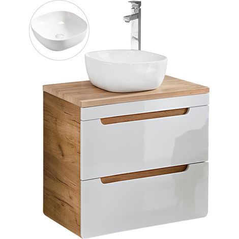 Waschtischset 60 cm mit 42 cm Keramik-Aufsatzbecken LUTON-56 in Hochglanz weiß mit Wotan Eiche Nb., B/H/T ca. 61/76,5/46 cm (1/5)