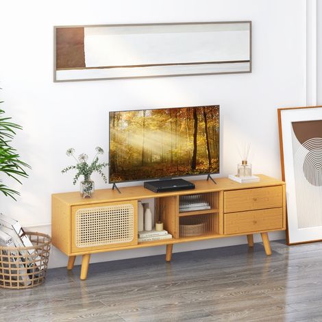 Meuble TV - Banc TV en Bambou pour TV 65" avec 2 Compartiments 2 Tiroirs Porte Coulissantes pour Salon Chambre, 140 x 31 x 45,5 cm Maison Chic (1/5)