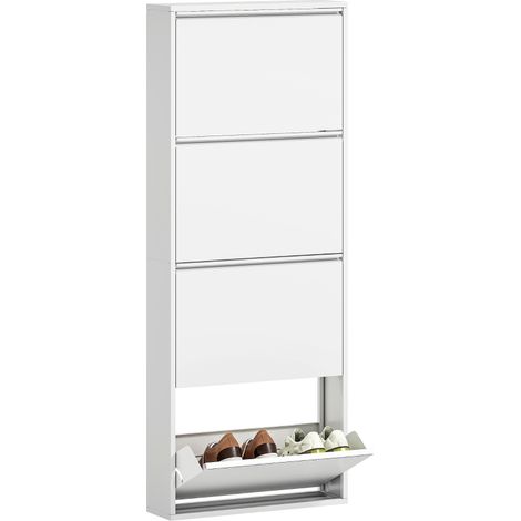Meuble à chaussures en métal étroit pour 8 paires avec 4 tiroirs basculants, idéal pour hall ou entrée, couleur blanche (1/5)