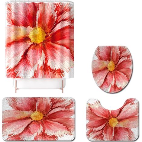 Filiyano-Petit ensemble de tapis de sol de toilette imprimé de roses fraîches, rideau de douche en polyester quatre pièces, format A4. (1/4)