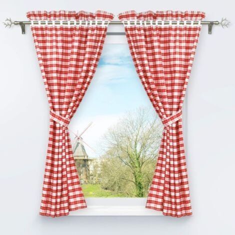 Ensemble de 2 Pièces de Rideaux Opaque Perforés avec 2 Embrasses Motif à Carreaux Décoration de Fenêtre pour Chambre Intérieur Rouge H/L 120/80cm (1/4)
