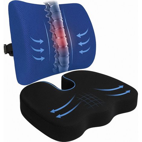 Traduction : Ensemble coussin lombaire et coussin d'assise orthopédique 2 en 1, en mousse à mémoire de forme, adapté pour chaise