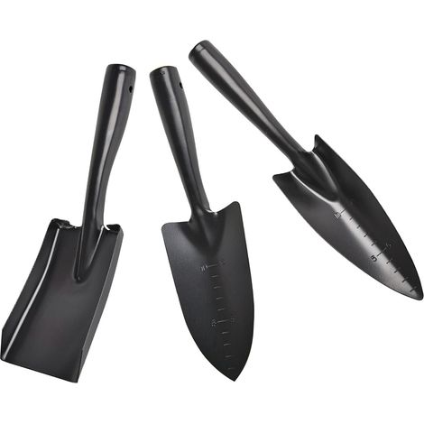 Ensemble de 3 Pelles Horticoles Multifonctions en Acier Manganèse Noir, Petites Truelles de Jardin à Main avec Graduation et Trou Suspendre, Kit D'outils de Plantation (1/5)
