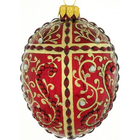 Pallina per albero di Natale in vetro con forma ovoidale rossa con decorazioni floreali dorate da 10 cm (1/4)