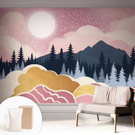 Papier peint intissé décoratif avec colle pour salon chambre et bureau Installation rapide Coucher de soleil rose 312x219 cm (1/5)