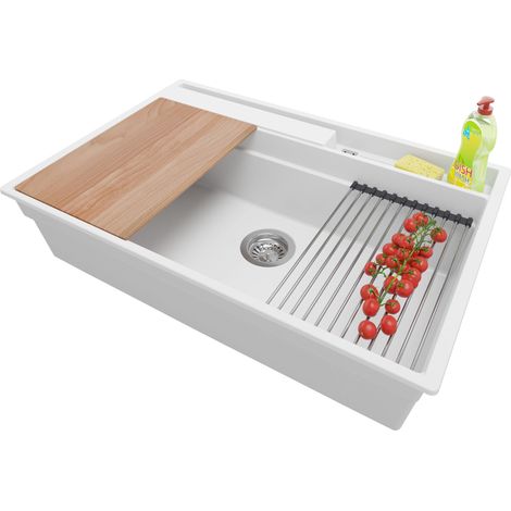 PRIMAGRAN Evier Cuisine en Granit 78x53cm, Lavabo 1 bac + Kit de Vidage + Accessoires, Évier à Encastrer au meuble 80cm - Oslo Pocket, Blanc (1/5)