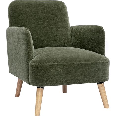 Sillón escandinavo en tela efecto terciopelo verde caqui y madera clara ISKO