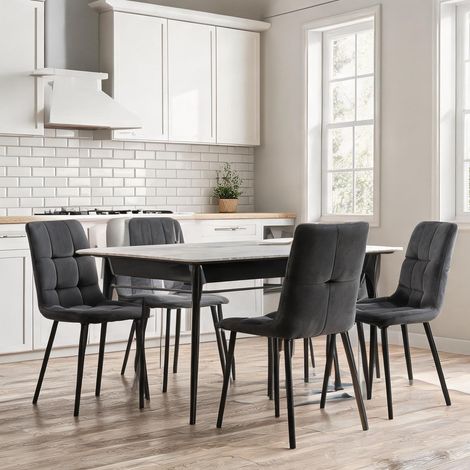 Table de cuisine en MDF avec 4 chaises velours gris et pieds (1/5)