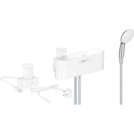 GROHE Starterset Dusche Purefoam 105074, Purefoam Gerät weiß, Akku, Ladegerät, Purefoam 110 Handbrause mit weißem Strahlbildner, Brauseschläuche, Kinuami Körperseife Mint, weiß/chrom, 1050740000 (1/4)
