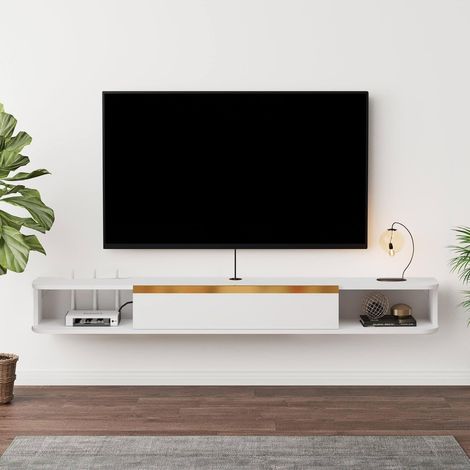 Meuble TV Suspendu, Étagère TV Flottante, Support de Télévision Flottant Fixé au Mur Centre de Console Multimédia de Divertissement Grande Armoire de Rangement pour Bureau à Domicile (140cm, Blanc) (1/5)