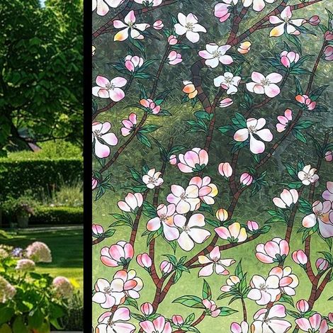 Película de privacidad para ventanas,pegatinas de flores rosas arcoíris,vinilo decorativo 3D,pegatinas de ramas de cerezo en flor,45 x 200 cm (1/4)
