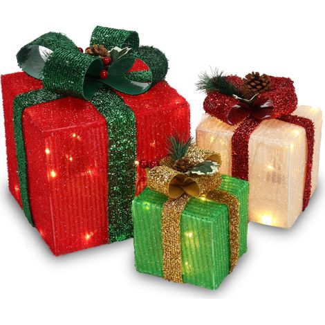 3 Stück quadratische Geschenkbox aus ABS-Kunststoff mit grünem Zwiebelstoff und 60 LED-Lichtern, warmweiß, 8 Modi, Weihnachtsbeleuchtungs-Geschenkbox mit Batteriefach