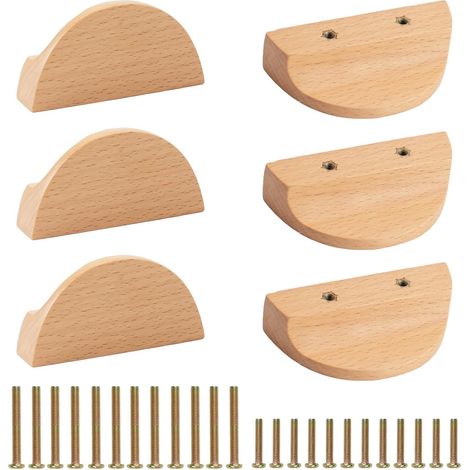 Poignée de tiroir en forme de croissant, 6 pièces poignées en bois demi-cercle pour tiroir en bois, garde-robe en bois, poignée à double trou pour tiroir, placard (1/5)