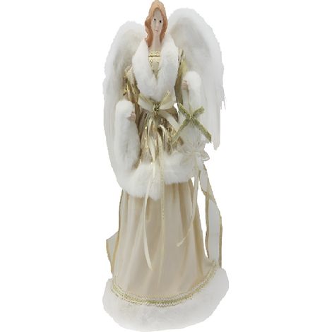 Angelo h 40 Bianco e oro con ali puntale per albero di natale decorazione casa vestito Elegante Pelliccia e Ricami
