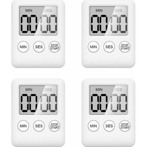 Lot de 4 minuteurs de cuisine - Minuterie numérique avec aimant - Compte à rebours pour la cuisine, le fitness, l'apprentissage (blanche) (1/4)