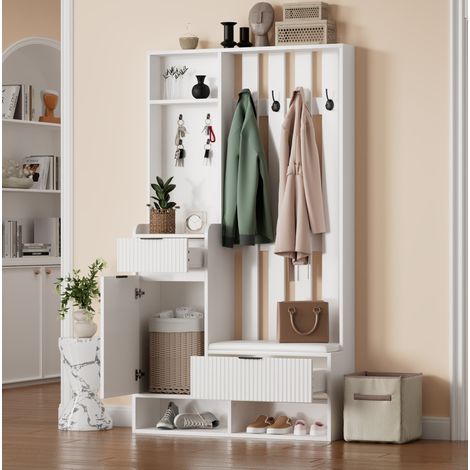 Garderobenstaender aus Spanplatte in Weiss mit 8 Haken, 100 x 30 x 180 cm, mit Schuhbank, 2 Schubladen und Schrank (1/5)