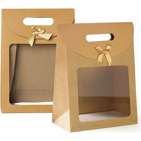 Sac Cadeau Avec Fenetre - Papier Kraft Brun - Poignées Renforcées - Pour Bonbons Chocolats Faveurs Mariage Anniversaire - Lot De 20