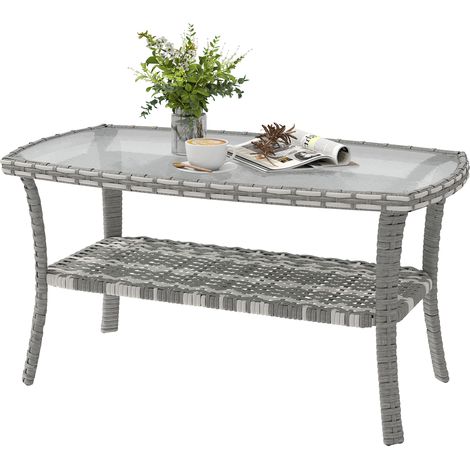Table jardin rectangulaire ratan avec étagère verre trempé ondes gris foncé 90x50x45 cm