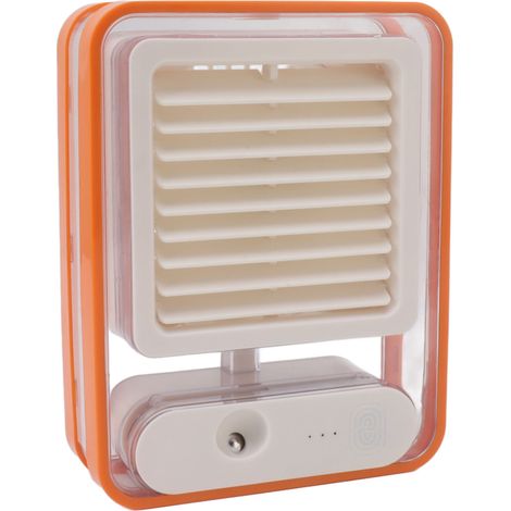 Petit climatiseur de bureau portable avec chargement USB, orange, ventilateur silencieux et veilleuse colorée. (1/5)