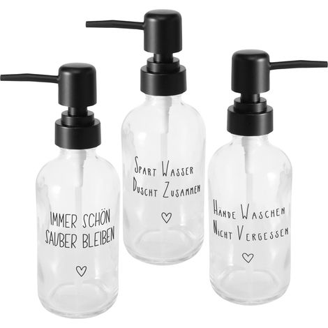 Glas Seifenspender nachfüllbar 250 ml mit Spruch - 3er Set - Design Pumpspender für Flüssigseife