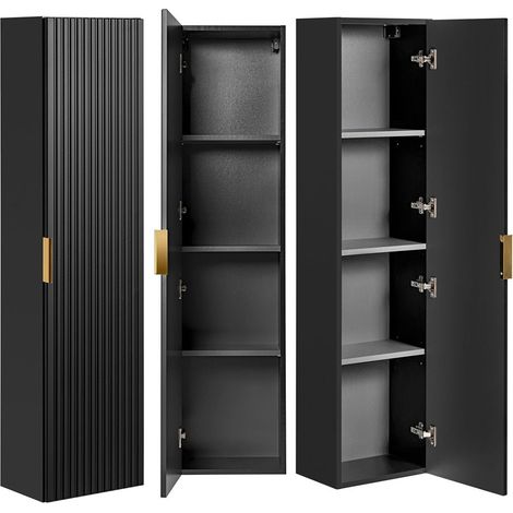 Badmöbel Hochschrank 1-türig ADELAIDE-56-BLACK in matt schwarz gerillt, B/H/T: 35/140/25 cm (1/5)