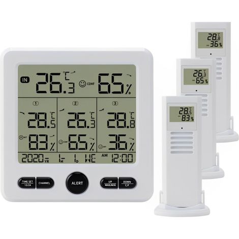 Professionelles Innen- und Außenthermometer und Hygrometer mit 3 Funksendern, 100 m Reichweite, LCD-Display, Hintergrundbeleuchtung, einstellbarem Grenzwertalarm, weiß (1/5)