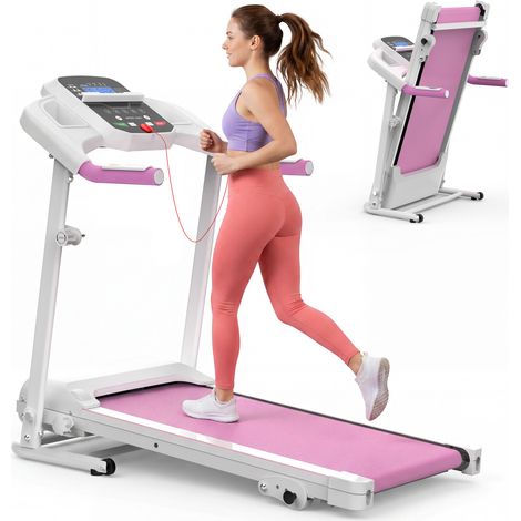 CHICFURN Cinta de correr plegable pequeña walking pad compacta para casa en blanco y rosa, con pantalla LED multifunción, 3 programas y ruedas de transporte (1/5)