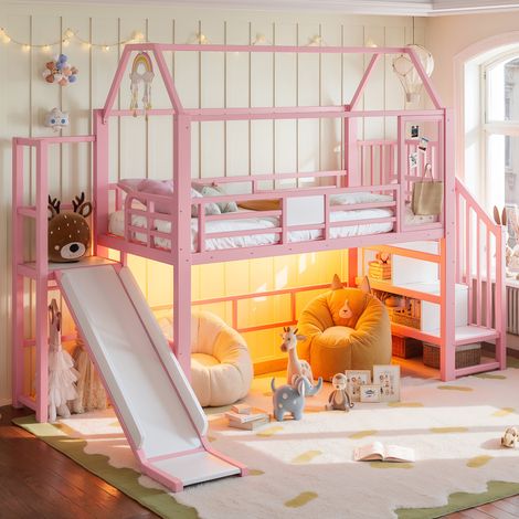 Lit mezzanine enfant maison en métal et MDF rose, avec toboggan, escalier à rangements, LED Bluetooth, pour matelas 90 x 200 cm, conforme EN 747 – de FLORAGRACE (1/5)