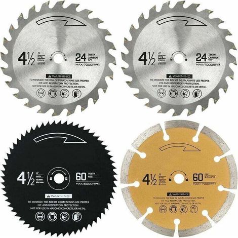 Lame scie circulaire 115mm 24/60 dents - TCT HSS et diamant - Pour bois, métaux non ferreux - Lot de 4 pièces - Coupe biseautée précise